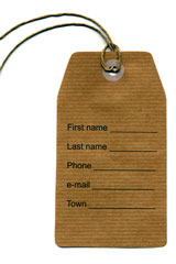 address tag with name, phone number, email address, and town fields