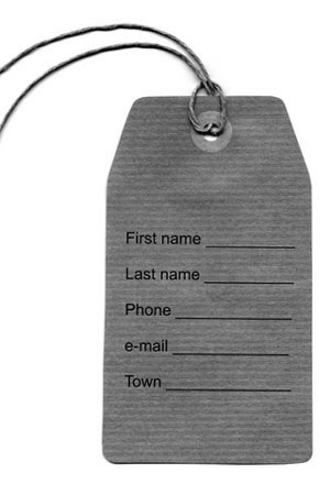 address tag with name, phone, email, and town fields